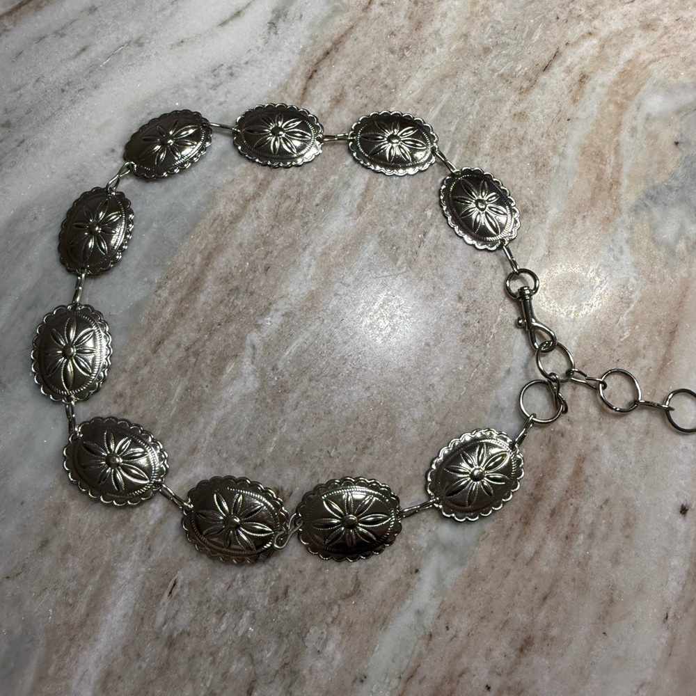 Vintage Hippie Concho Belt Silver Tone Metal Southwest Floral Stamped